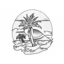 desert island under a sun with a palm tree and 3 coconuts tattoo design idea