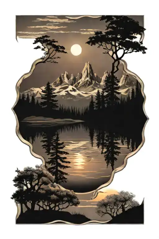 mountains trees sunset reflecting pond tattoo design idea