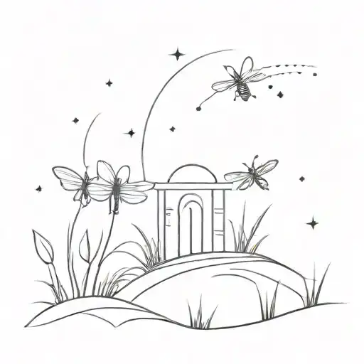 tomb and flying fireflies tattoo design idea