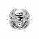 Skull with broken clock flowing sands of time from a cracked hourglass with thors ravens at the top tattoo design idea