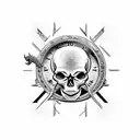 Skull with broken clock flowing sands of time from a cracked hourglass with thors ravens at the top tattoo design idea