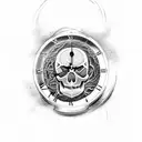 Skull with broken clock flowing sands of time from a cracked hourglass with thors ravens at the top tattoo design idea