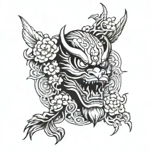 Black and white tattoo depicting a Japanese crane behind an oni mask tattoo design idea