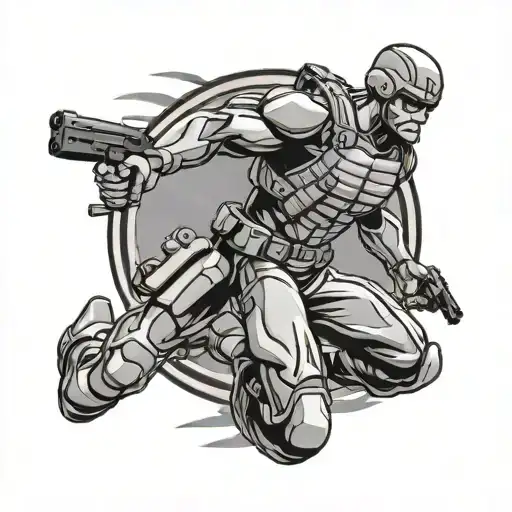 A GI Joe action figure in a dynamic pose, representing bravery and heroism in the face of danger tattoo design idea