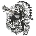 A Native American warrior in traditional attire, wielding a tomahawk and adorned with intricate geometric patterns, symbolizing strength and heritage tattoo design idea