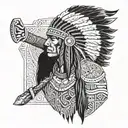 A Native American warrior in traditional attire, wielding a tomahawk and adorned with intricate geometric patterns, symbolizing strength and heritage tattoo design idea