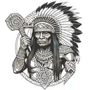 A Native American warrior in traditional attire, wielding a tomahawk and adorned with intricate geometric patterns, symbolizing strength and heritage tattoo design idea