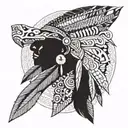 A Native American warrior in traditional attire, wielding a tomahawk and adorned with intricate geometric patterns, symbolizing strength and heritage tattoo design idea