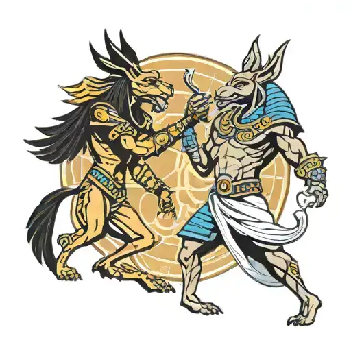 a fight between Anubis, the jackal-headed Egyptian god of the dead, and Hades, the Greek god of the underworld, tattoo design idea