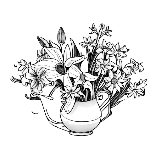 flower bouquet of daffodil, lily of the valley, gladiolus, daisy, and morning glory tattoo design idea