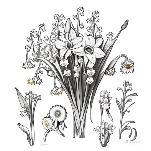 flower bouquet of daffodil, lily of the valley, gladiolus, daisy, and morning glory tattoo design idea