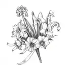 small flower bouquet of daffodil, lily of the valley, gladiolus, daisy, and morning glory tattoo design idea