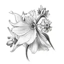 small flower bouquet of daffodil, lily of the valley, gladiolus, daisy, and morning glory tattoo design idea