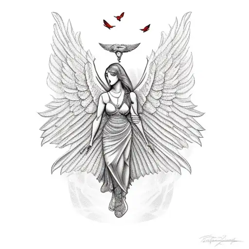 A sketch-style design featuring a guardian angel female holding a red cardinal in her hands tattoo design idea