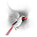 A black-grey portrait of a red cardinal in flight tattoo design idea