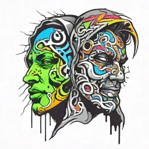 Two faces, one face is hooded and the other face is joyful tattoo design idea