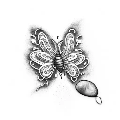 A dotwork tattoo of a butterfly made up of tiny beach elements like seashells, palm trees, and waves tattoo design idea