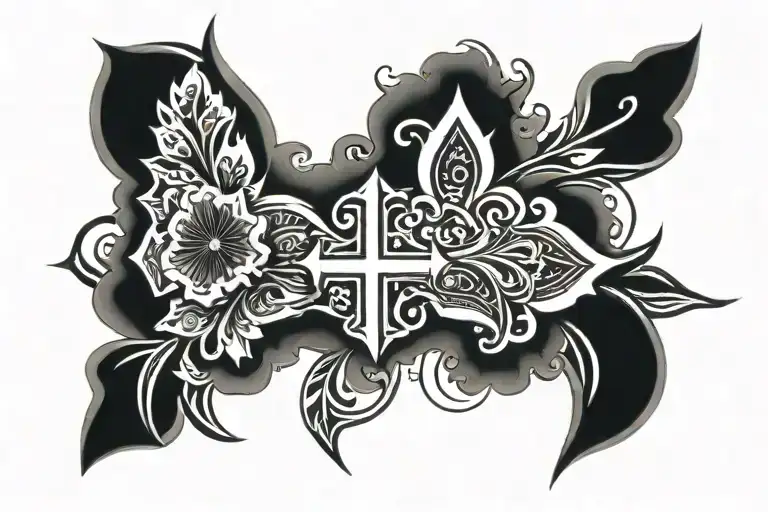 tribal sleeve with a cross and flowers tattoo design idea