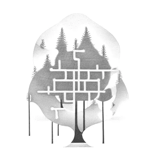 A serene forest scene with a hidden IT-themed element like a binary code hidden in the tree bark tattoo design idea