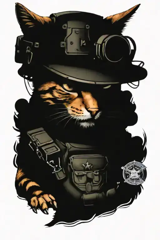 Orange cat in human form wearing tactical gear usmc style tattoo design idea