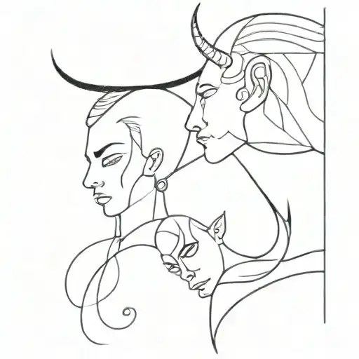 the devil and the angel whisper in the ears of the third one is closed tattoo design idea