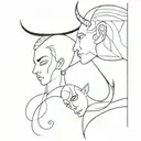 the devil and the angel whisper in the ears of the third one is closed tattoo design idea