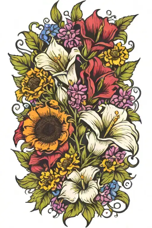  Delilah sunflower snap dragon calla lily sweet peas flower bouquet  tattoo design idea