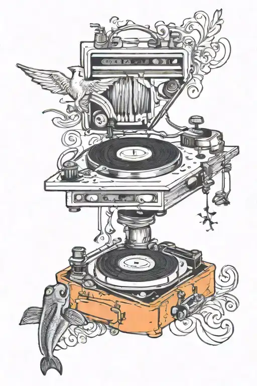 record player with music notes, a tiny orange fish and a crucifix with two horizontal lines tattoo design idea
