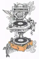 record player with music notes, a tiny orange fish and a crucifix with two horizontal lines tattoo design idea