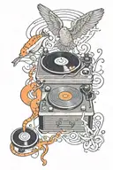 record player with music notes, a tiny orange fish and a crucifix with two horizontal lines tattoo design idea