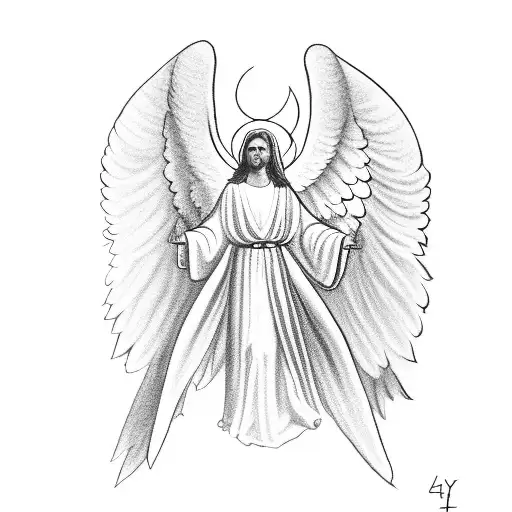 Angel Gabriel surrounded with 4 doves. Saying "soul Power" under it tattoo design idea