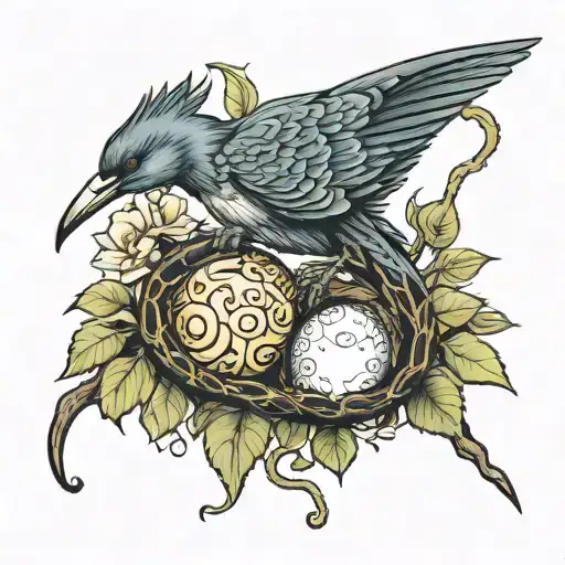 branches of trees on which a bird sits and the bird covers its shoulder with its wing and on the tree there is a looped snake holding an egg tattoo design idea