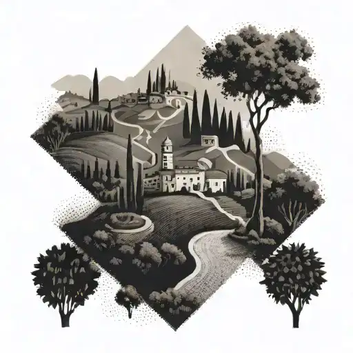 A scenic Italian countryside landscape with a hidden mafia symbol, representing the intersection of your love for Italy, the south, and the mafia tattoo design idea