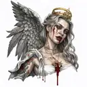 Sexy Angel, Smoking Cigarette, Dripping in blood, bruised eye, Evil facial expression, large Cleavage, Golden Halo tattoo design idea