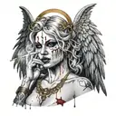 Sexy Angel, Smoking Cigarette, Dripping in blood, bruised eye, Evil facial expression, large Cleavage, Golden Halo tattoo design idea