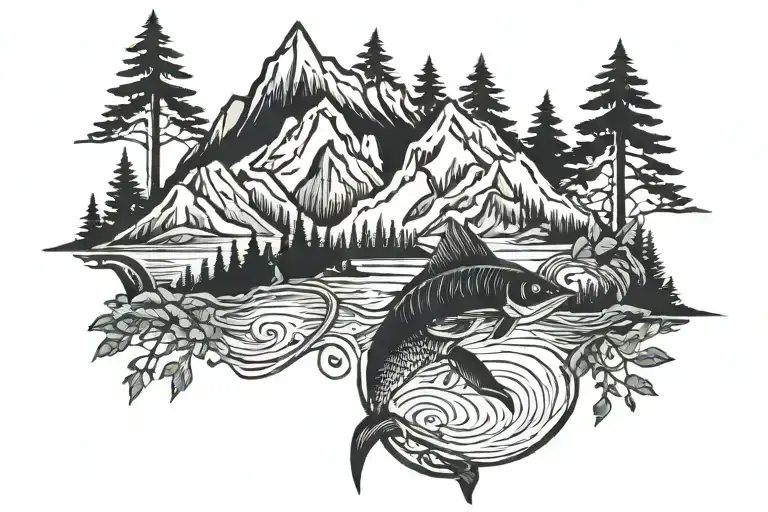 mountains, streams, and a singular fish bicep armband tattoo design idea