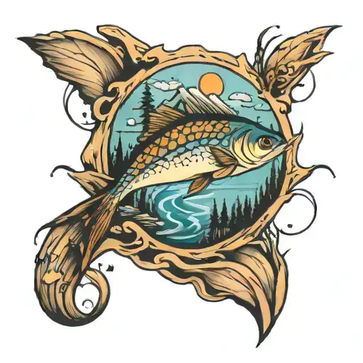 mountains, hiking trails, ocean streams, and a fish hidden on the inside of a bicep armband tattoo design idea
