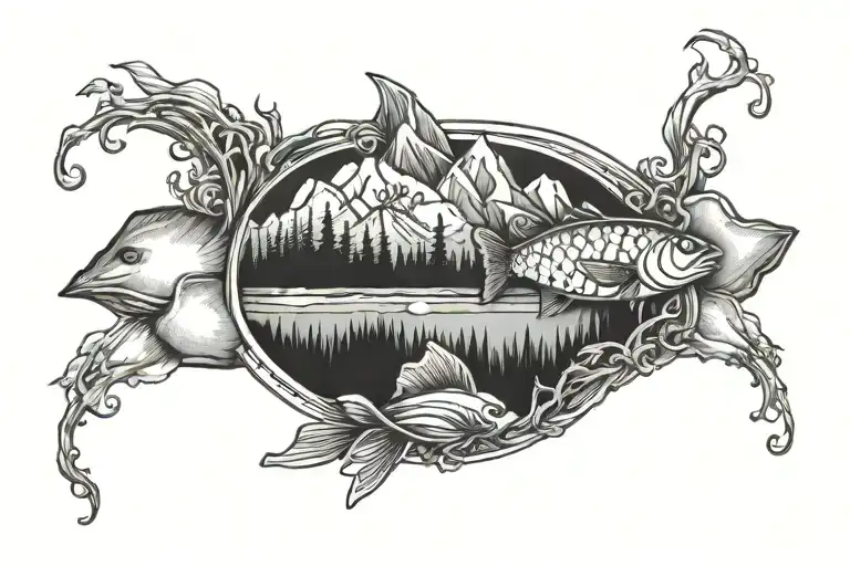 mountains, hiking trails, ocean streams, and a fish hidden on the inside of a bicep armband tattoo design idea