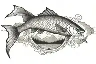 mountains, hiking trails, ocean streams, and a fish hidden on the inside of a bicep armband tattoo design idea