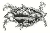 mountains, hiking trails, ocean streams, and a fish hidden on the inside of a bicep armband tattoo design idea
