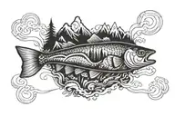 mountains, hiking trails, ocean streams, and a fish hidden on the inside of a bicep armband tattoo design idea