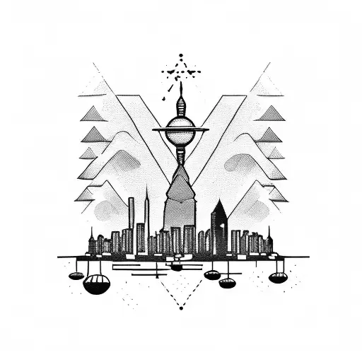 A blackwork tattoo depicting the skyline of Israel with a basketball incorporated tattoo design idea