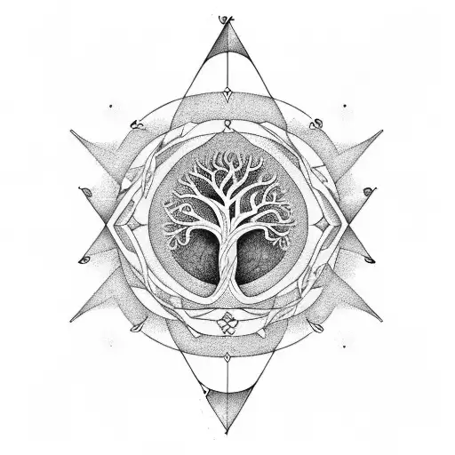 A geometric design incorporating lyra constolation and tree of life and strenght symble tattoo design idea