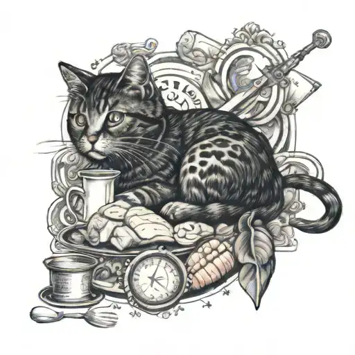 A dotwork tattoo of a renaissance-style still life featuring a cat lounging among various butcher tools and meats tattoo design idea
