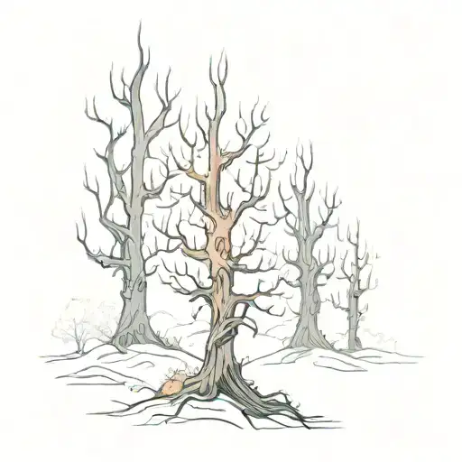 A surreal scene of a dark forest with twisted trees and glowing eyes peeking out from the shadows, inspired by the eerie atmosphere of Lacrimosa's music tattoo design idea