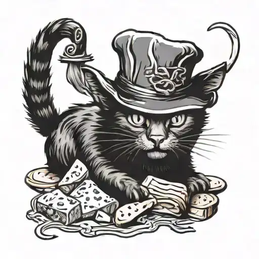 A blackwork design of a renaissance-inspired cat wearing a butcher's hat and surrounded by meat cuts tattoo design idea