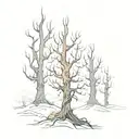 A surreal scene of a dark forest with twisted trees and glowing eyes peeking out from the shadows, inspired by the eerie atmosphere of Lacrimosa's music tattoo design idea