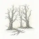 A surreal scene of a dark forest with twisted trees and glowing eyes peeking out from the shadows, inspired by the eerie atmosphere of Lacrimosa's music tattoo design idea