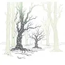 A surreal scene of a dark forest with twisted trees and glowing eyes peeking out from the shadows, inspired by the eerie atmosphere of Lacrimosa's music tattoo design idea