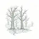 A surreal scene of a dark forest with twisted trees and glowing eyes peeking out from the shadows, inspired by the eerie atmosphere of Lacrimosa's music tattoo design idea